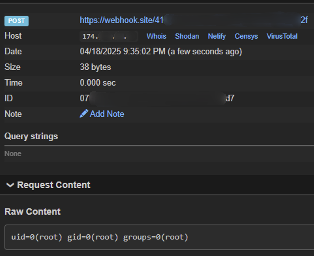 Screenshot of webhook.site callback with root id output