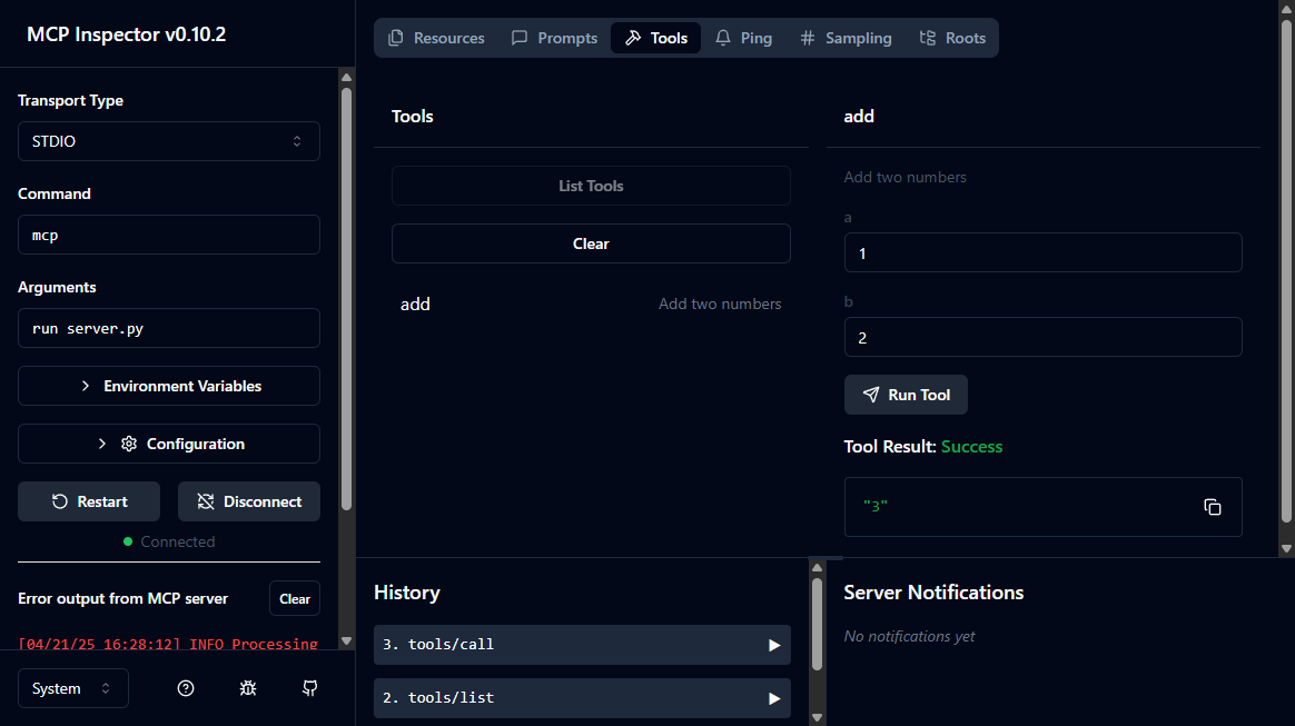 MCP Inspector interface showing a tool being called with a result